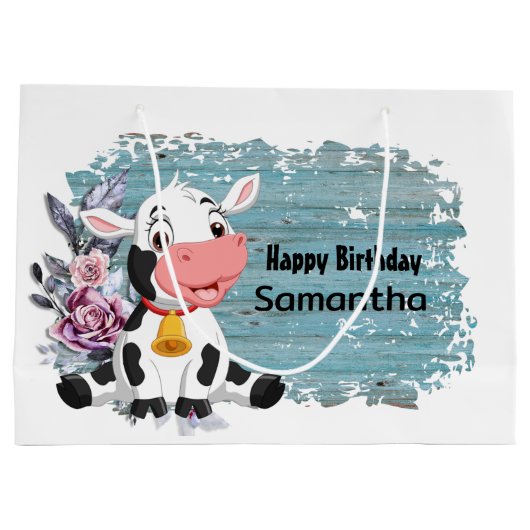 Happy Birthday Baby Cow Rustic Blue Große Geschenk Große Geschenktüte (Rückseite)