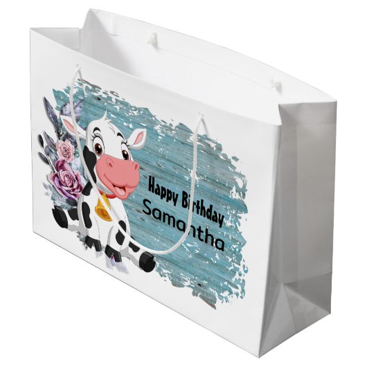 Happy Birthday Baby Cow Rustic Blue Große Geschenk Große Geschenktüte (Rückseite Schrägansicht)