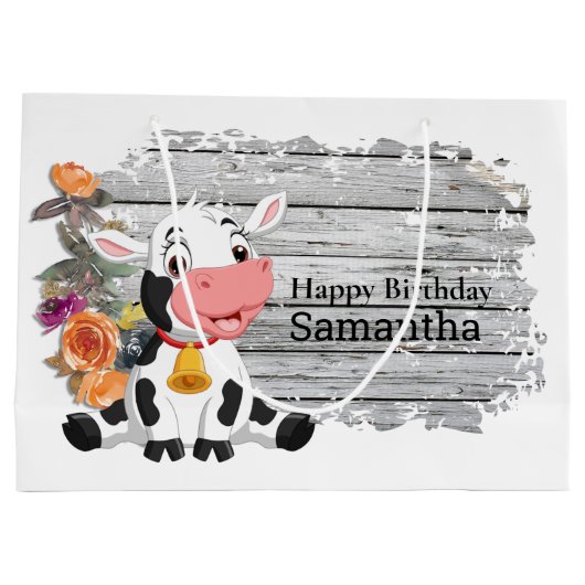 Happy Birthday Baby Cow Rustic Gray Große Geschenk Große Geschenktüte (Rückseite)