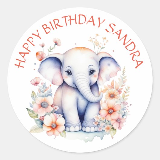 Happy Birthday Baby Elephant Personalisiert Runder Aufkleber (Vorderseite)