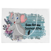 Happy Birthday Baby Elephant Rustic Blue Große Geschenktüte (Rückseite)