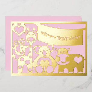 Happy Birthday Baby Girl Animals in Gold Foil Folien Feiertagskarte