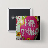 Happy Birthday Balloon mit Blume, Balloon Design Button (Vorne & Hinten)