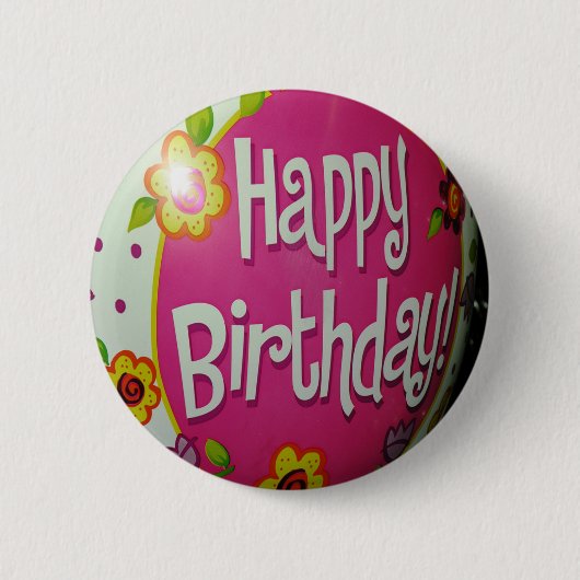 Happy Birthday Balloon mit Blume, Balloon Design Button (Vorderseite)