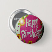 Happy Birthday Balloon mit Blume, Balloon Design Button (Vorne & Hinten)