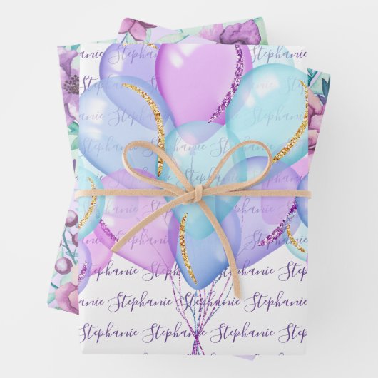 "Happy Birthday" Balloons Floral Lila Lavender Geschenkpapier Set (Beispiel)