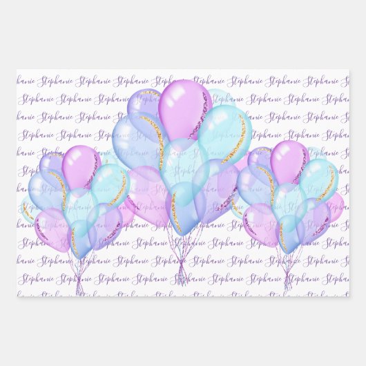 "Happy Birthday" Balloons Floral Lila Lavender Geschenkpapier Set (Vorderseite)