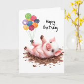Happy Birthday Balloons Little Pig Rolling in Mud Karte (Gelbe Blume)