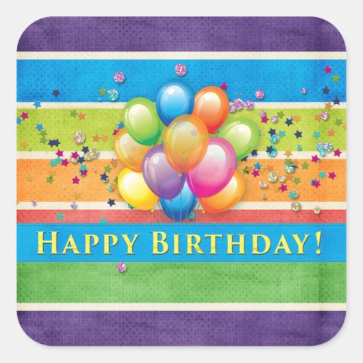 Happy Birthday Balloons Multi Color Quadratischer Aufkleber (Vorderseite)