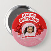 Happy Birthday Balloons Pink & Red Foto Button (Vorne & Hinten)