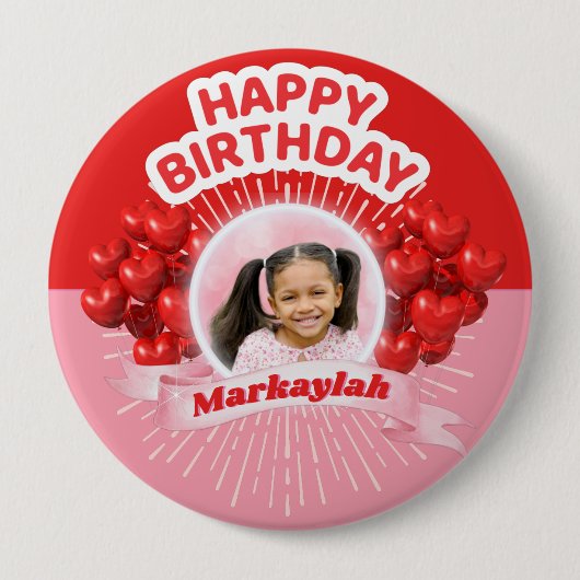 Happy Birthday Balloons Pink & Red Foto Button (Vorderseite)