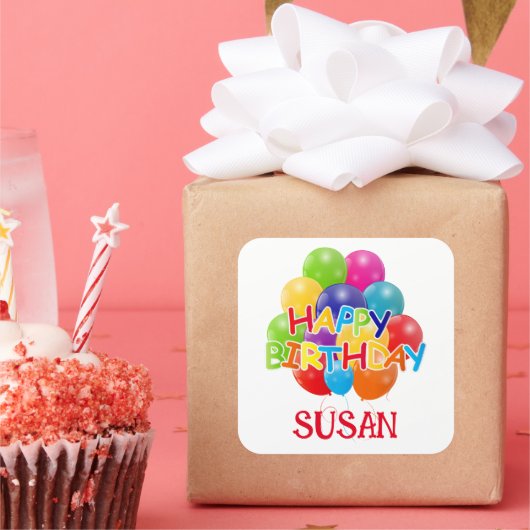 Happy Birthday Balloons Quadratischer Aufkleber (Party)