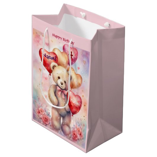 Happy Birthday Bären Name & Alter hinzufügen Mittlere Geschenktüte (Vorderseite Schrägansicht)