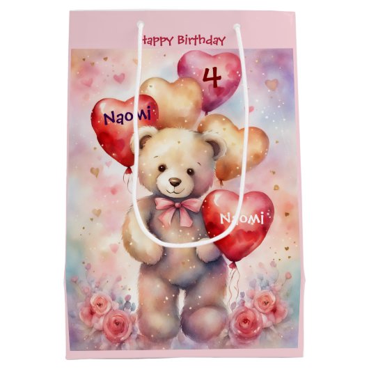 Happy Birthday Bären Name & Alter hinzufügen Mittlere Geschenktüte (Rückseite)