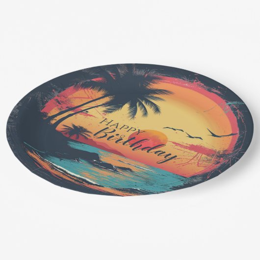 Happy Birthday Beach Retro Thema Pappteller (Schrägansicht)