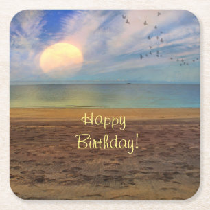 Happy Birthday Beach Sunset  Rechteckiger Pappuntersetzer
