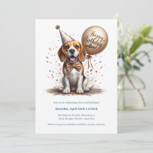 Happy Birthday Beagle Dog Ballon Custom Einladung (Stehend Vorderseite)