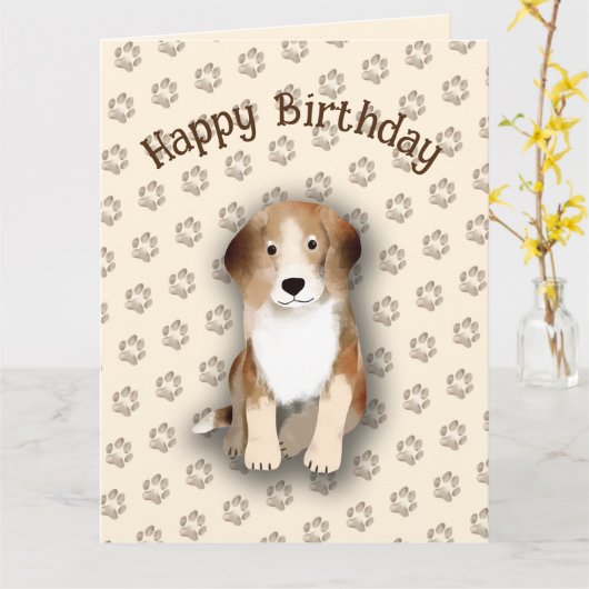 Happy Birthday Beagle mit Hundefußabdrücken Karte (Gelbe Blume)