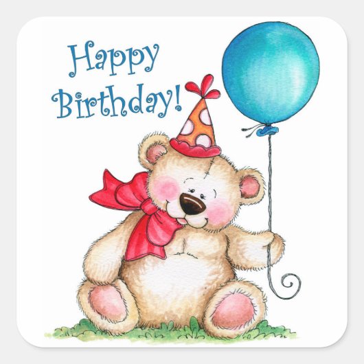 Happy Birthday Bear Quadratischer Aufkleber (Vorderseite)