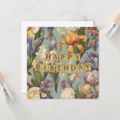 Happy Birthday Beautiful Iris Blume Blooms Karte (Vorderseite/Rückseite Beispiel)