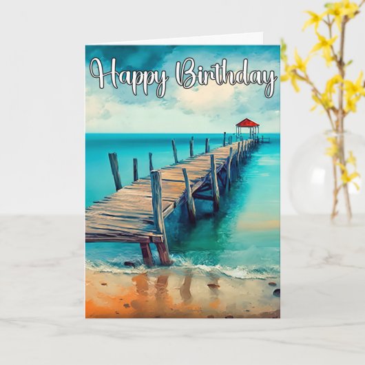 Happy Birthday Beautiful Ocean Pier Karte (Gelbe Blume)