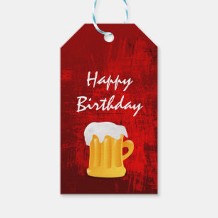 Happy Birthday Beer Tasse auf Rustikal Rot Abstrak Geschenkanhänger