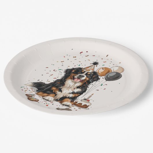 Happy Birthday Bernese Mountain Dog Pappteller (Schrägansicht)