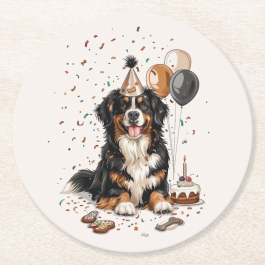 Happy Birthday Bernese Mountain Dog Runder Pappuntersetzer (Vorderseite)