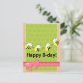 Happy Birthday Bienen B day pink green fun card Postkarte (Stehend Vorderseite)