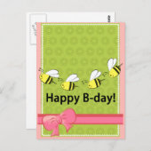 Happy Birthday Bienen B day pink green fun card Postkarte (Vorne/Hinten)