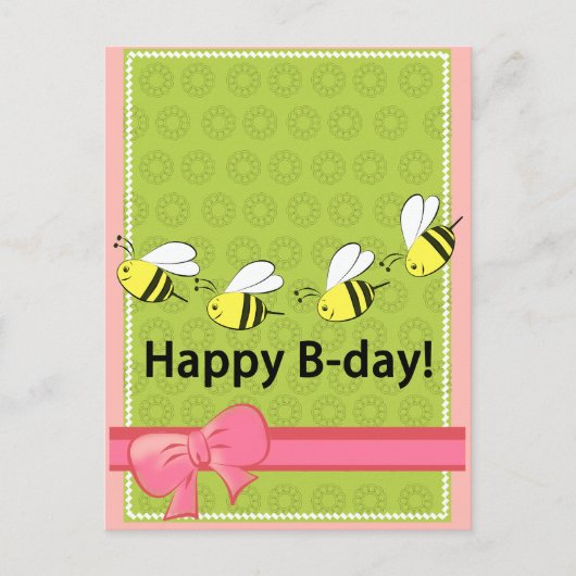 Happy Birthday Bienen B day pink green fun card Postkarte (Vorderseite)