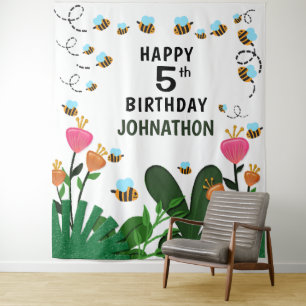 Happy Birthday Bienen Blumen Garten Hintergrund Wandteppich