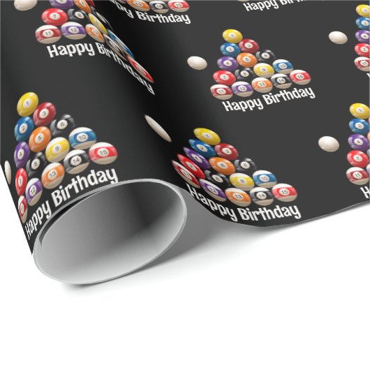 Happy Birthday Billiard Balls auf schwarz Geschenkpapier (Rolleneckpunkt)