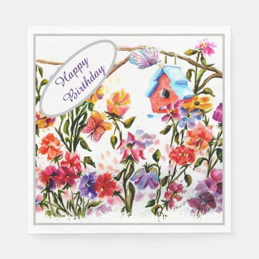 Happy Birthday Bird House Serviette (Vorderseite)