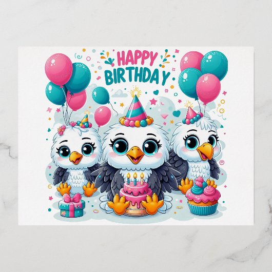Happy Birthday Birds Folien Feiertagspostkarte (Vorderseite)