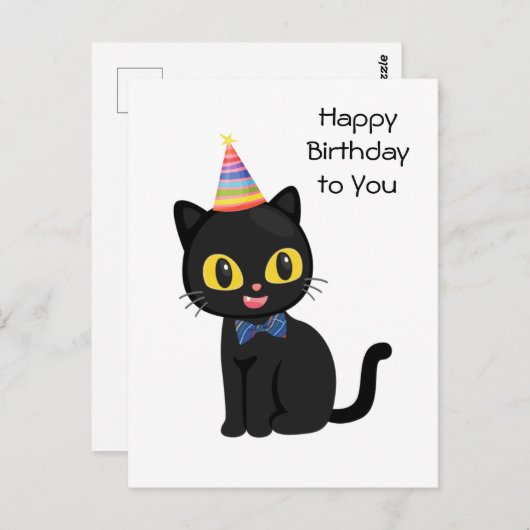 Happy Birthday Black Cat mit Party Hat Postkarte (Vorne/Hinten)