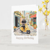 Happy Birthday Black Doodle Riding Scooter Karte (Gelbe Blume)