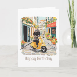 Happy Birthday Black Doodle Riding Scooter Karte
