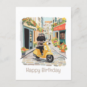 Happy Birthday Black Doodle Riding Scooter Postkarte