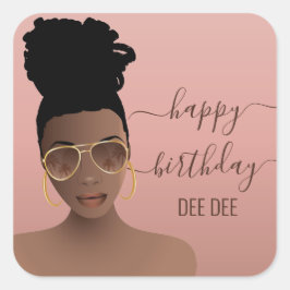 Happy Birthday Black Frauen Gold Shades, rosa Blus Quadratischer Aufkleber