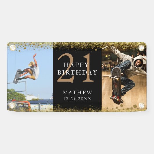 Happy Birthday Black & Gold Glitzer Sparkle Party Banner (Horizontal)