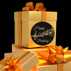 Happy Birthday black gold music notes Runder Aufkleber