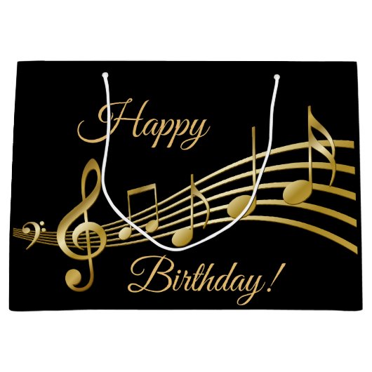 Happy Birthday Black Gold Musiknoten Große Geschenktüte (Vorderseite)