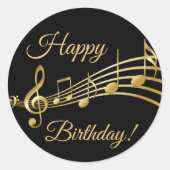 Happy Birthday Black Gold Musiknoten Runder Aufkleber (Vorderseite)