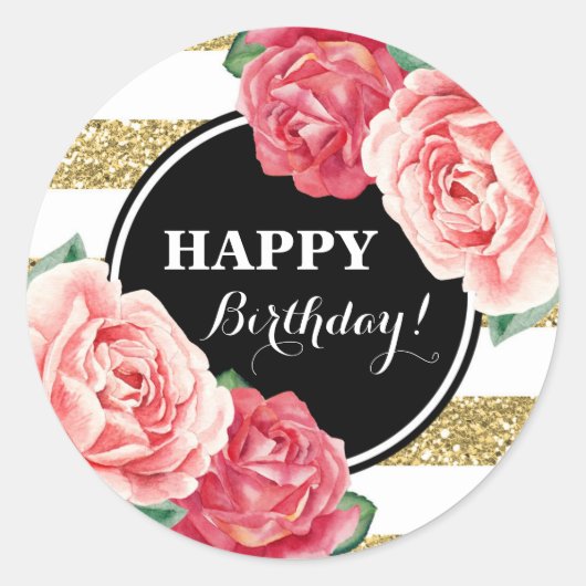Happy Birthday Black Gold Streifen Pink Floral Runder Aufkleber (Vorderseite)