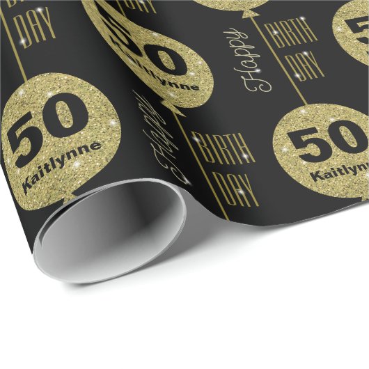 Happy Birthday Black Gold Wrapping Paper Geschenkpapier (Rolleneckpunkt)