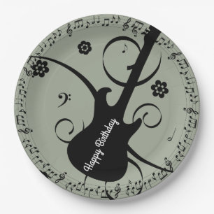 Happy Birthday Black Musiknote Gitarre Blume Pappteller