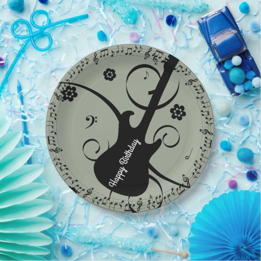 Happy Birthday Black Musiknotens Gitarre Blume Pappteller (Party)