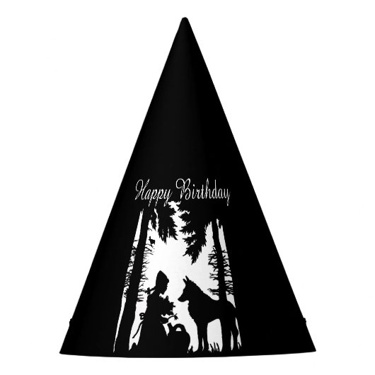 Happy Birthday Black on White Red Riding Hood Wolf Partyhütchen (Vorderseite)