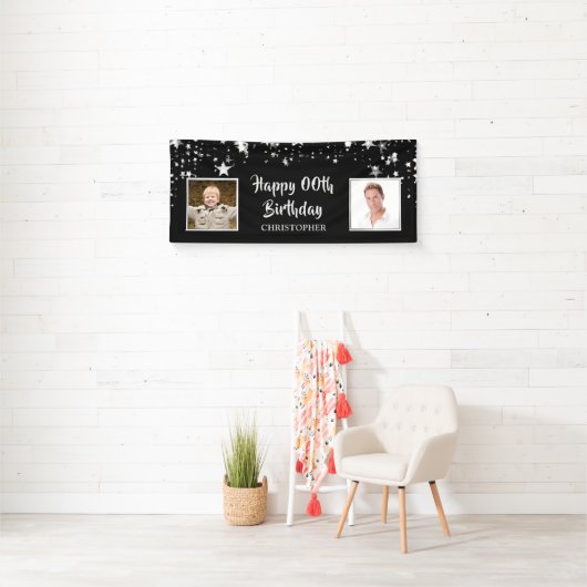 Happy Birthday Black Silver Brush Script Foto Banner (Insitu)